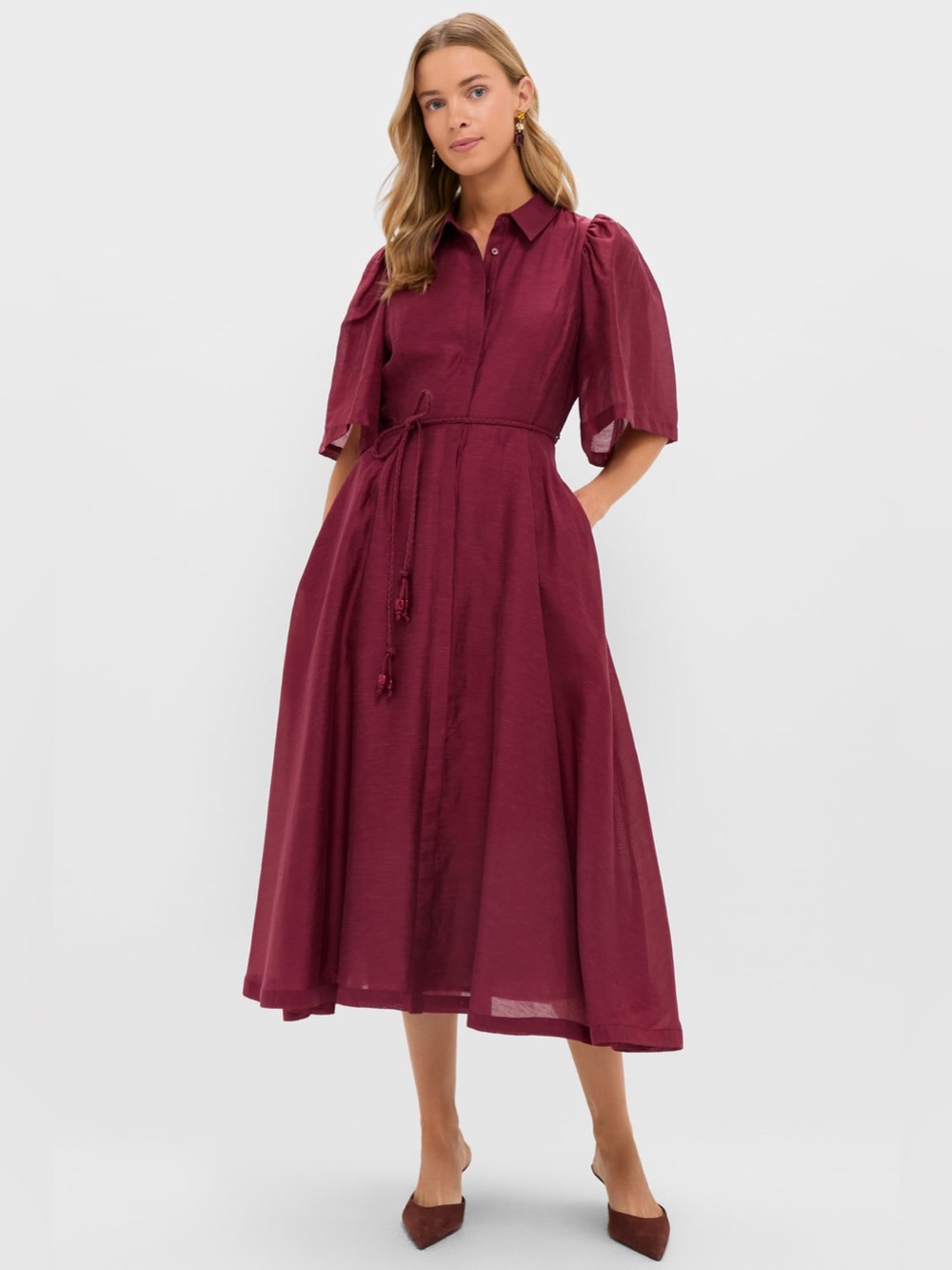 Tuckernuck Hyacinth House Cindy Oxblood Belted Midi Dress Women's Medium